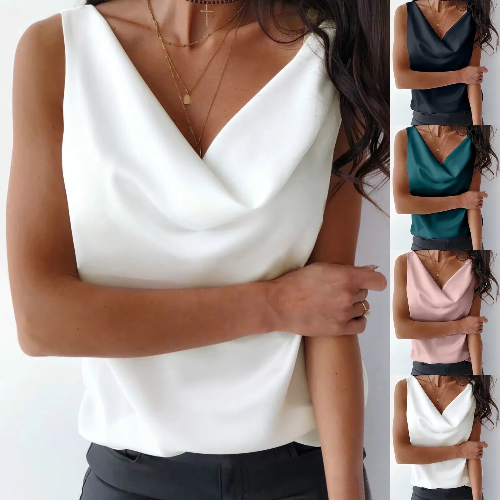T-Shirts For Women Plus Size Summer Womens Silk Satin Tank Tops Cowl Neck Casual Sleeveless Camisole Blouses Roupas Femininas