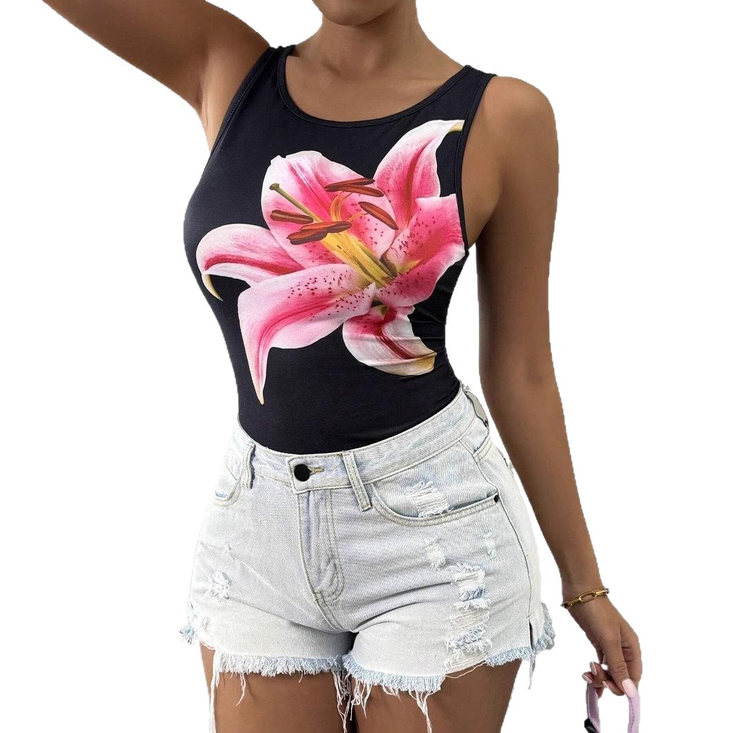 Womens Slim-fit Sleeveless Tank Top With A Simple Floral Print