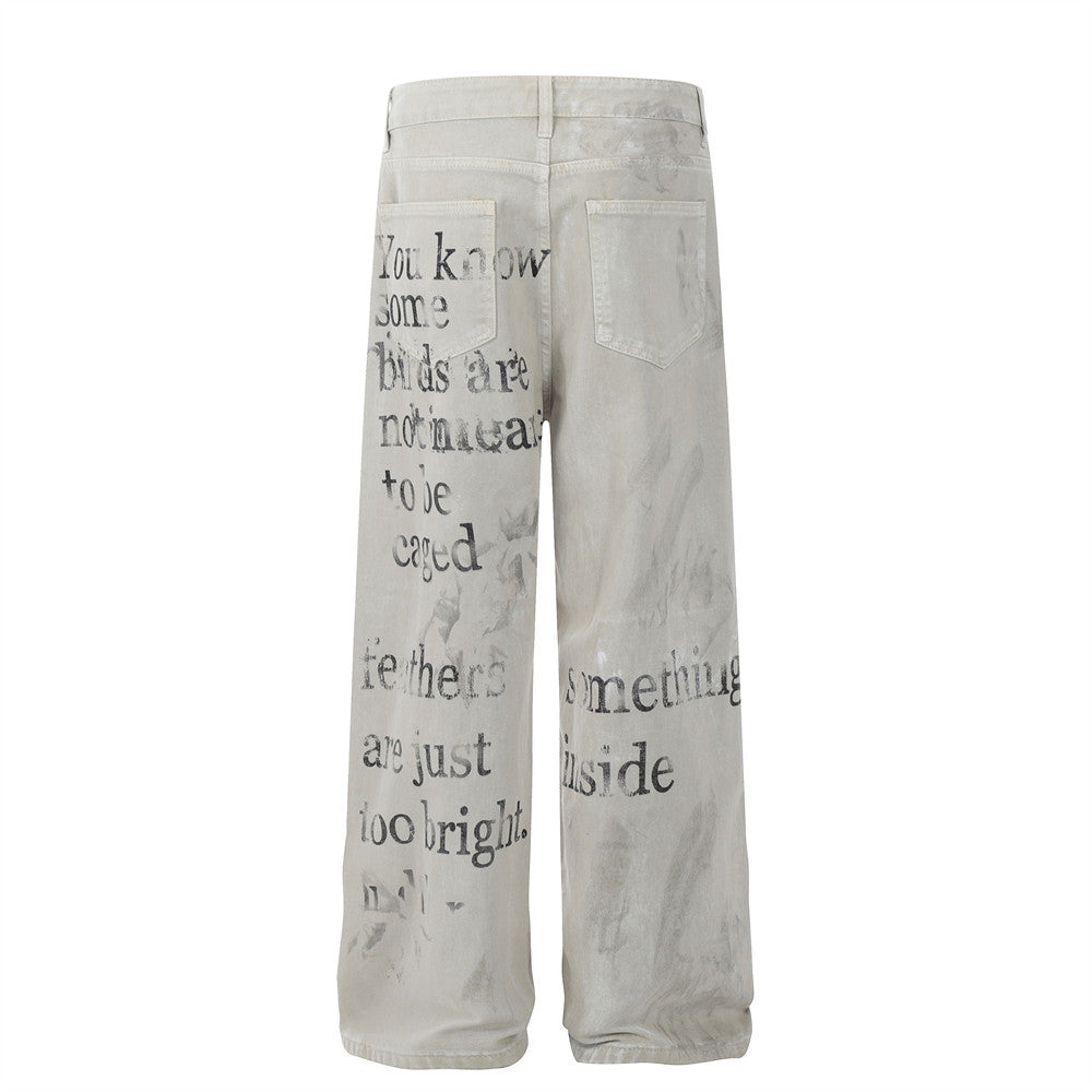 Fuzzy letter printed jeans
