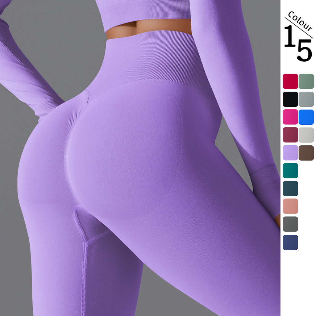 Seamless Solid Peach Sports Trousers for Women - Tight Running Fitness Yoga Pants with High Waist and Butt-Lifting Design