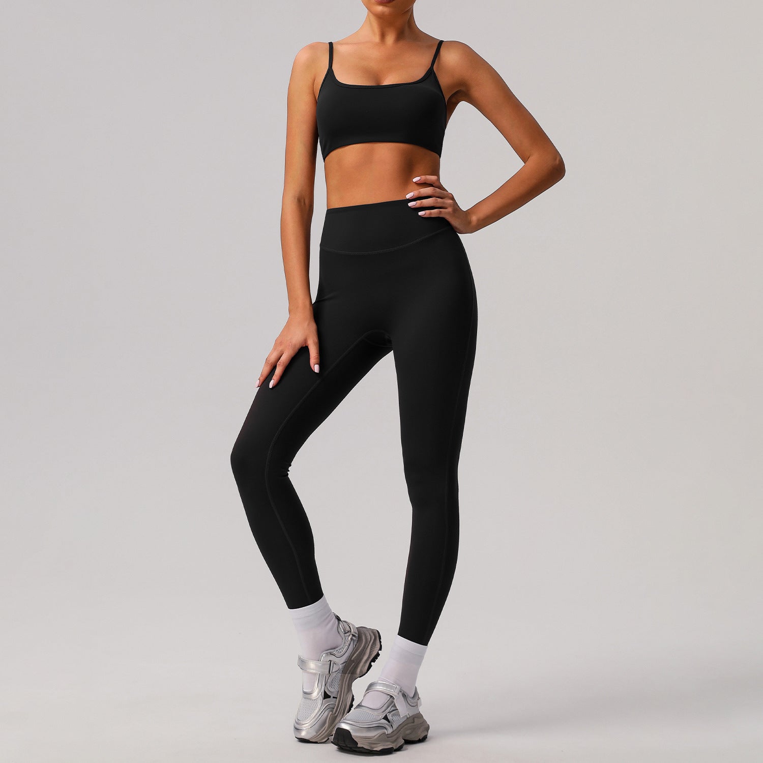 Solid color tight yoga suit quick drying fitness suit outdoor body shaping running suit women's fitness suit ﻿