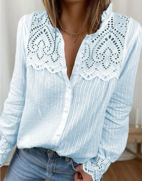 Loose pure cotton women blouses autumn new lace women shirt tops fashion casual round neck long sleeve women blouses