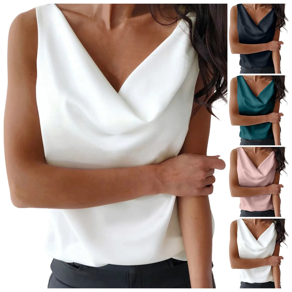 T-Shirts For Women Plus Size Summer Womens Silk Satin Tank Tops Cowl Neck Casual Sleeveless Camisole Blouses Roupas Femininas