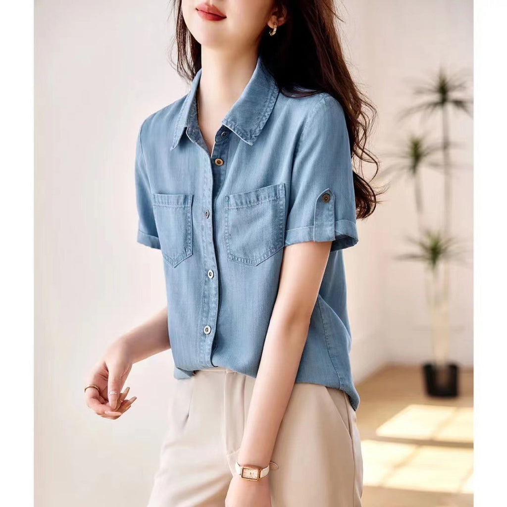 Tencel Denim Shirt Fashionable Casual Loose Cuff Design Blouse