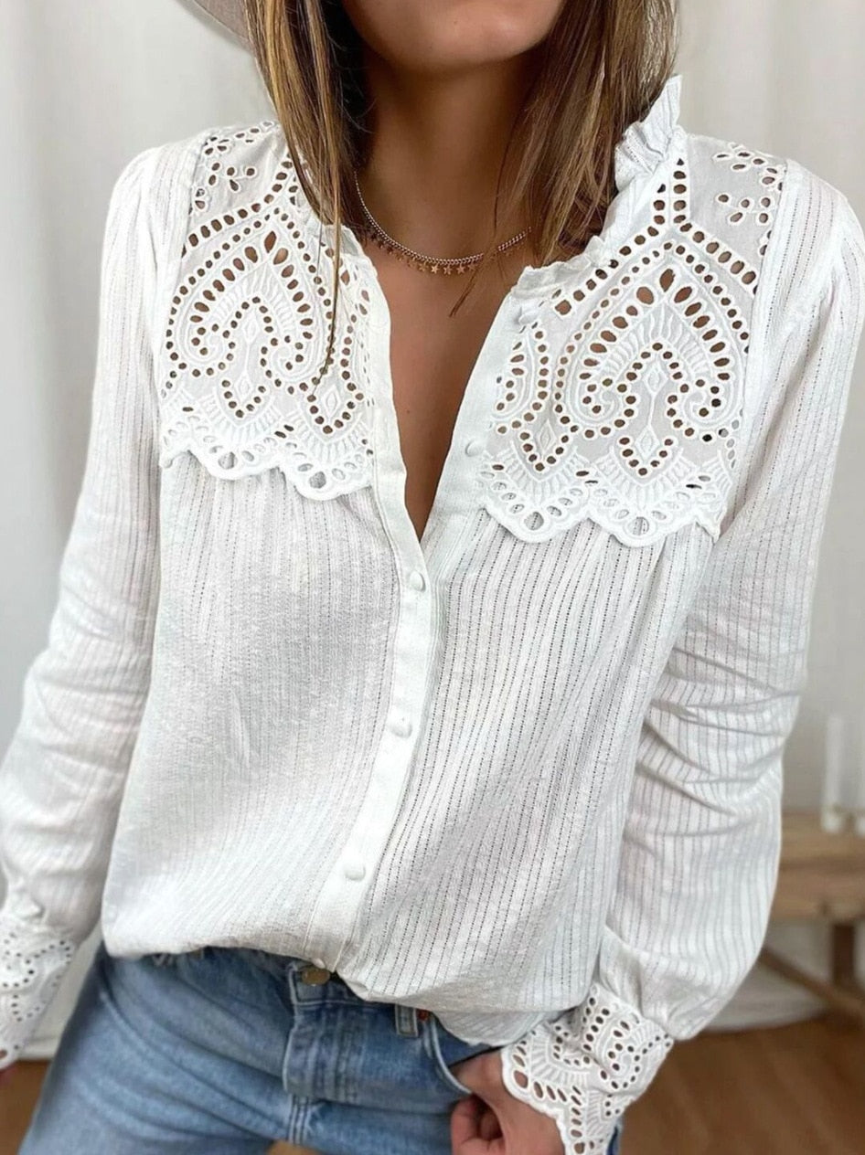 Loose pure cotton women blouses autumn new lace women shirt tops fashion casual round neck long sleeve women blouses