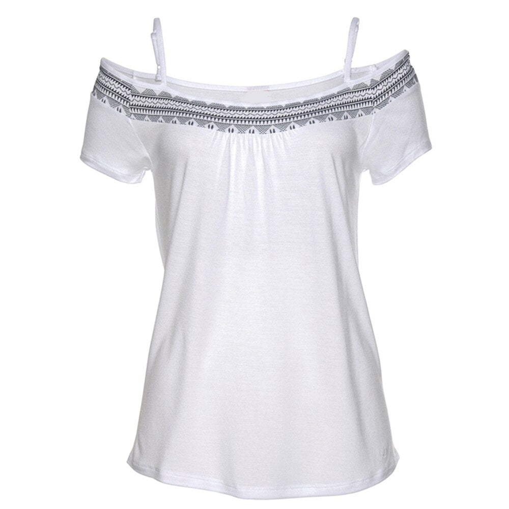 Beach Style Women Tops And Blouses Summer Adjustable Spaghetti Straps Sexy Carmen Neckline Cold Shoulder Print Women Blouse