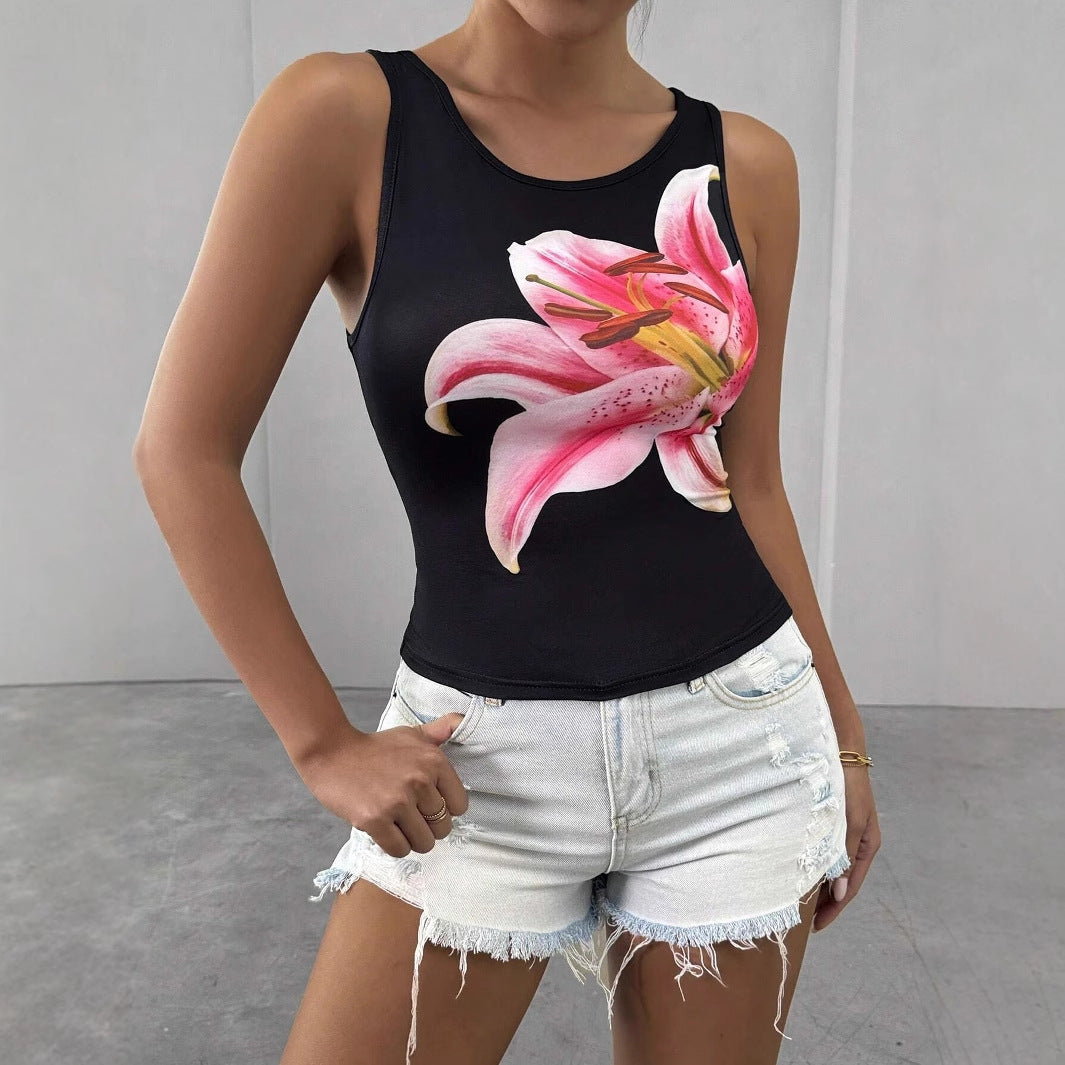 Womens Slim-fit Sleeveless Tank Top With A Simple Floral Print