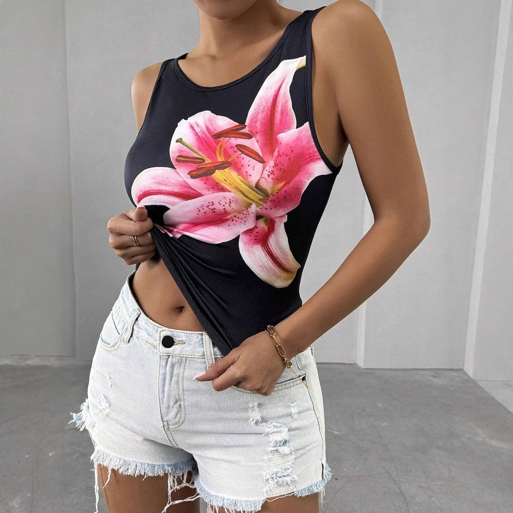 Womens Slim-fit Sleeveless Tank Top With A Simple Floral Print
