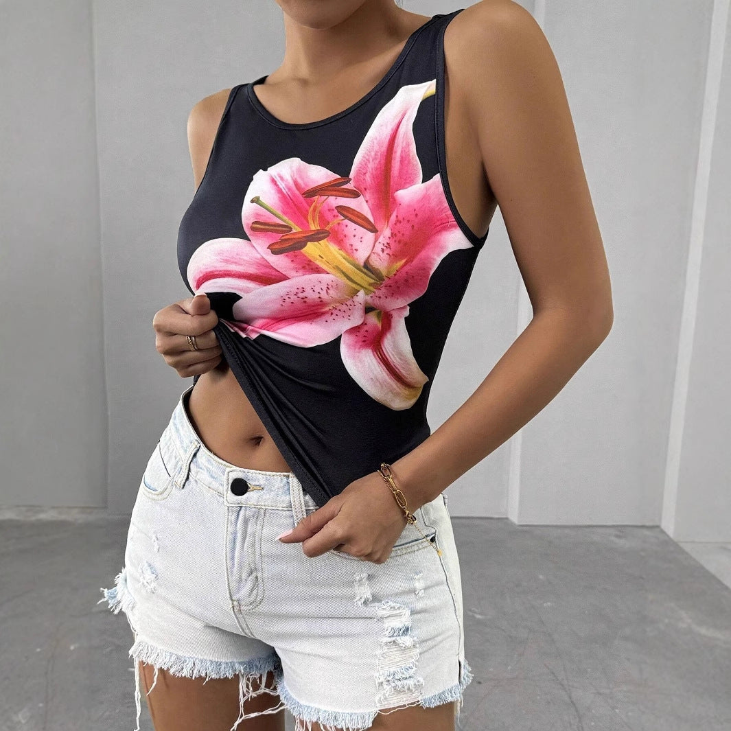 Womens Slim-fit Sleeveless Tank Top With A Simple Floral Print